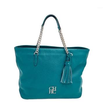 Pre Owned Carolina Herrera Dark Green Leather Tassel Zip Tote
