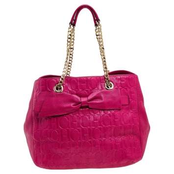 Pre Owned Carolina Herrera Pink Monogram Embossed Leather Audrey Tote
