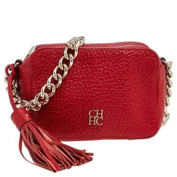 Pre Owned Carolina Herrera Red Leather Tassel Crossbody Bag
