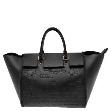 Pre Owned Carolina Herrera Black Monogram Embossed Leather Vendome Tote