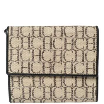 Pre Owned Carolina Herrera Cream/Black Signature Canvas Leather Trifold Wallet