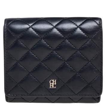 Pre Owned Carolina Herrera Black Quilted Leather Trifold Compact Wallet