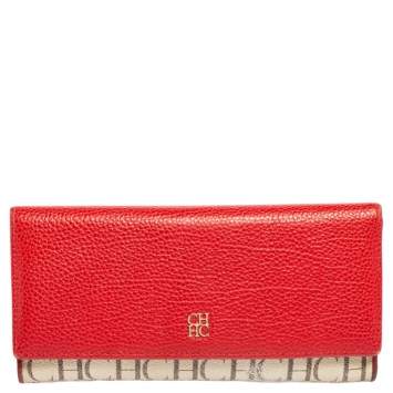 Pre Owned Carolina Herrera Beige/Red Monogram Coated Canvas and Leather Continental Wallet