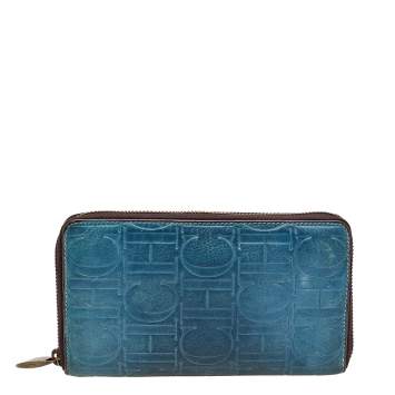 Pre Owned Carolina Herrera Blue Monogram Embossed Leather Zip Around Wallet