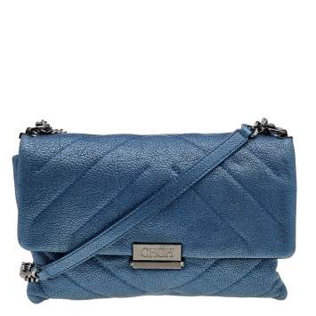 Pre Owned Carolina Herrera Blue Quilted Leather Flap Shoulder Bag