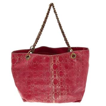 Pre Owned Carolina Herrera Red/Gold Monogram Embossed Leather Chain Tote