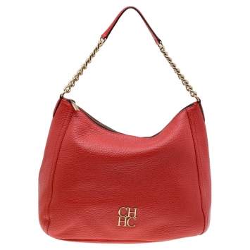 Pre Owned Carolina Herrera Orange Leather Zip Chain Hobo