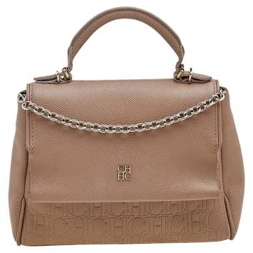 Pre Owned Carolina Herrera Beige Leather Monogram Embossed Minuetto Top Handle Bag