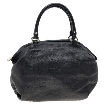 Pre Owned Carolina Herrera Black Monogram Embossed Leather Boston Bag