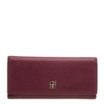 Pre Owned Carolina Herrera Burgundy Grained Leather Flap Continental Wallet