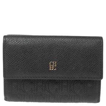 Pre Owned Carolina Herrera Black Monogram Embossed Leather French Compact Wallet