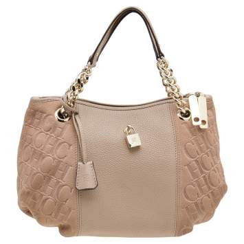 Pre Owned Carolina Herrera Beige Monogram Embossed Leather Chain Hobo
