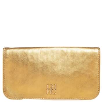 Pre Owned Carolina Herrera Metallic Gold Leather Logo Flap Clutch