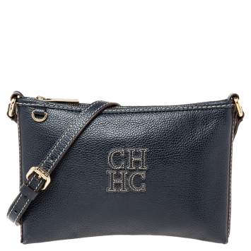 Pre Owned Carolina Herrera Navy Blue Leather Logo Crossbody Bag