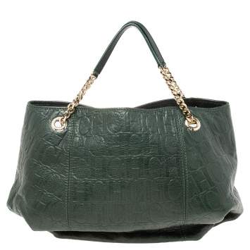 Pre Owned Carolina Herrera Green Monogram Embossed Leather Chain Handle Tote