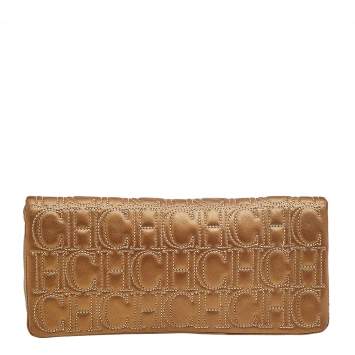 Pre Owned Carolina Herrera Metallic Gold Quilted Monogram Leather Clutch