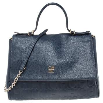 Pre Owned Carolina Herrera Navy Blue Leather Minuetto Flap Top Handle Bag