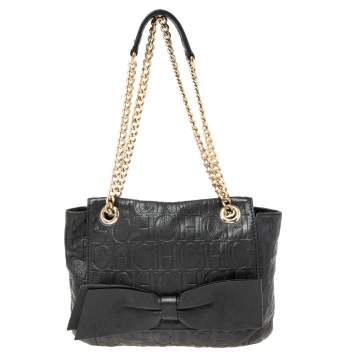 Pre Owned Carolina Herrera Black Monogram Embossed Leather Audrey Shoulder Bag