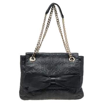 Pre Owned Carolina Herrera Black Monogram Embossed Leather Audrey Bow Flap Shoulder Bag