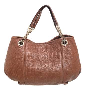 Pre Owned Carolina Herrera Brown Signature Embossed Leather Chain Hobo