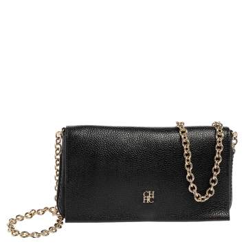 Pre Owned Carolina Herrera Black Leather Flap Chain Shoulder Bag