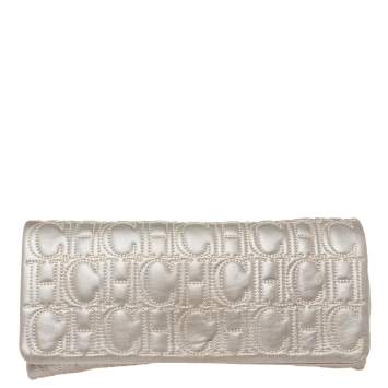 Pre Owned Carolina Herrera Grey Monogram Leather Flap Clutch