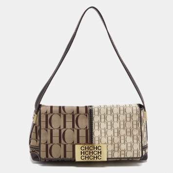 Pre Owned Carolina Herrera Brown/Beige Monogram Canvas and Leather Shoulder Bag