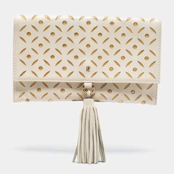 Pre Owned Carolina Herrera Off White/Gold Laser Cut Leather Tassel Clutch