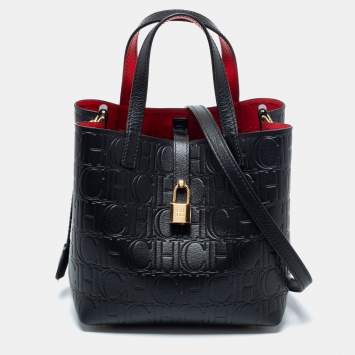 Pre Owned Carolina Herrera Black Monogram Embossed Leather Small Matryoshka Locked Tote
