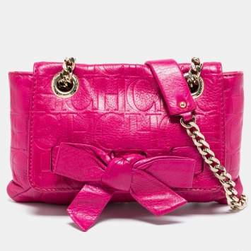 Pre Owned Carolina Herrera Fuchsia Monogram Leather Audrey Shoulder Bag