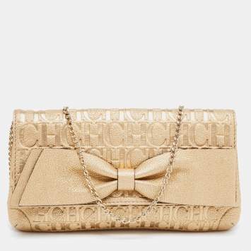 Pre Owned CH Caroline Herrera Gold Leather Bow Clutch