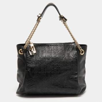 Pre Owned Carolina Herrera Black Monogram Embossed Leather Zip Shoulder Bag