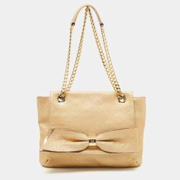 Pre Owned Carolina Herrera Gold Monogram Embossed Leather Bow Flap Shoulder Bag