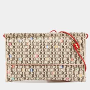 Pre Owned Carolina Herrera Red/Beige Monogram Coated Canvas and Leather Traveler Shoulder Bag