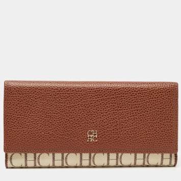 Pre Owned Carolina Herrera Brown/White Monogram Print Coated Canvas and Leather Flap Continental Wallet