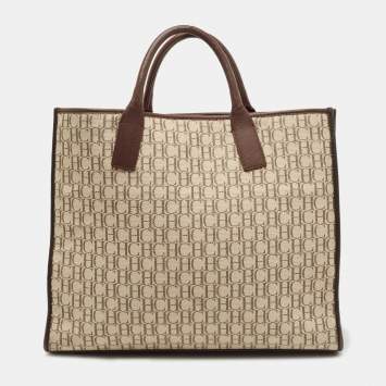 Pre Owned Carolina Herrera Beige/Brown Monogram Canvas and Suede Tote