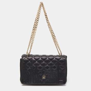 Pre Owned Carolina Herrera Black Quilted Leather And Suede Flap Chain Shoulder Bag
