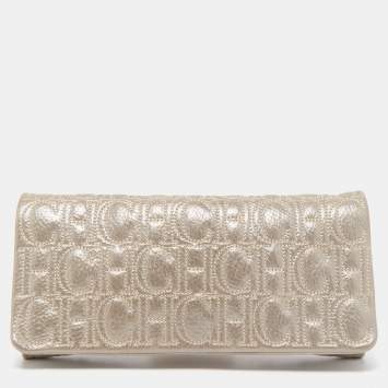 Pre Owned Carolina Herrera Grey Monogram Shimmer Suede Flap Clutch