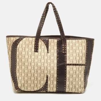Pre Owned  Carolina Herrera Beige/Brown Monogram Canvas and Leather Studded Shopper Tote