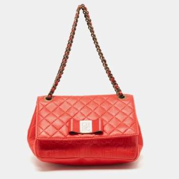 Pre Owned Carolina Herrera Red Quilted Leather Bow Flap Chain Bag