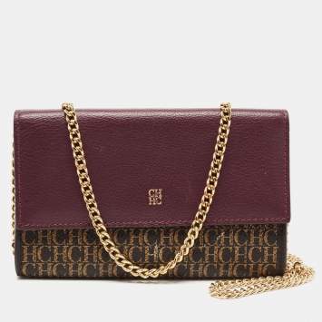 Pre Owned Carolina Herrera Burgundy/Brown Monogram Coated Canvas and Leather Flap Wallet on Chain