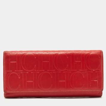 Pre Owned Carolina Herrera Red Monogram Embossed Leather Flap Continental Wallet