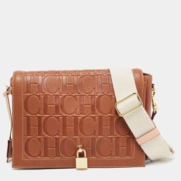 Pre Owned  Carolina Herrera Brown Monogram Leather Medium Andy Locked Crossbody Bag 