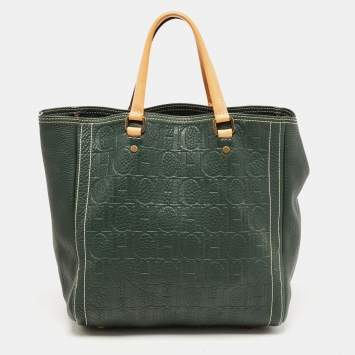Pre Owned  Carolina Herrera Green Monogram Embossed Leather Andy Tote