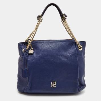 Pre Owned Carolina Herrera Navy Blue Leather Crystals Embellished Lock and Logo Chain Bag