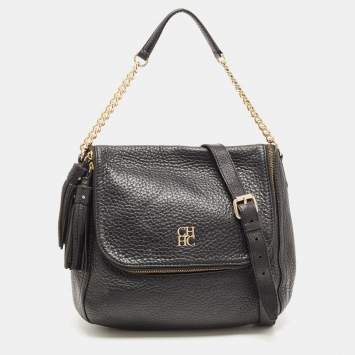 Pre Owned Carolina Herrera Black Leather Tassel Flap Shoulder Bag