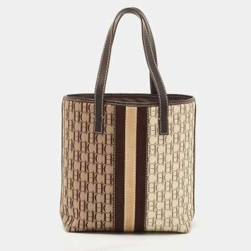 Pre Owned  Carolina Herrera Brown/Beige Monogram Canvas and Leather Bucket Tote