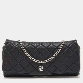 Pre Owned Carolina Herrera Black Quilted Leather CHHC Flap Chain Clutch