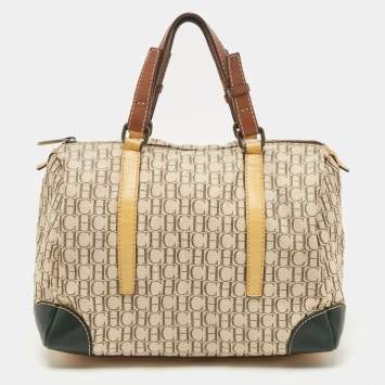 Pre Owned Carolina Herrera Beige/Multicolor Monogram Canvas and Leather Andy Boston Bag           