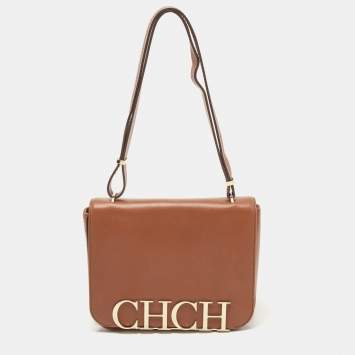 Pre Owned Carolina Herrera Brown Leather CHHC Flap Shoulder Bag